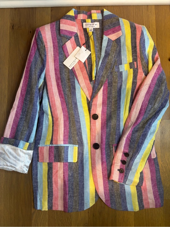 Current Air Tops - Current Air Multicolor Striped Linen Blazer — Pink, Yellow, Blue, Purple